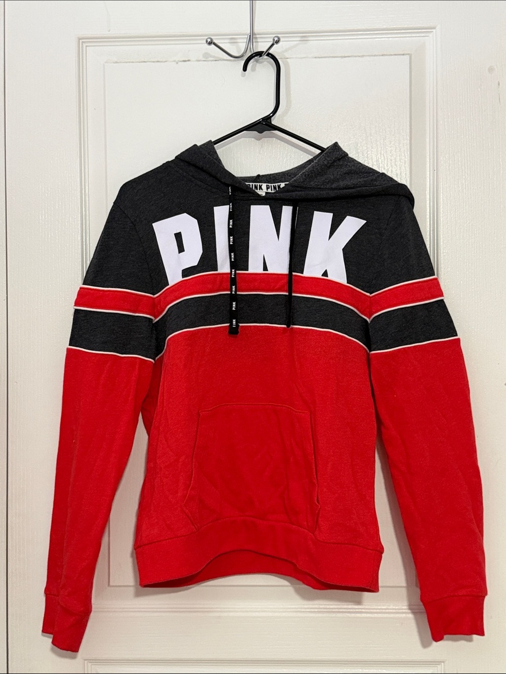 PINK Victoria's Secret Red and Black Colorblock Hooded Sweatshirt